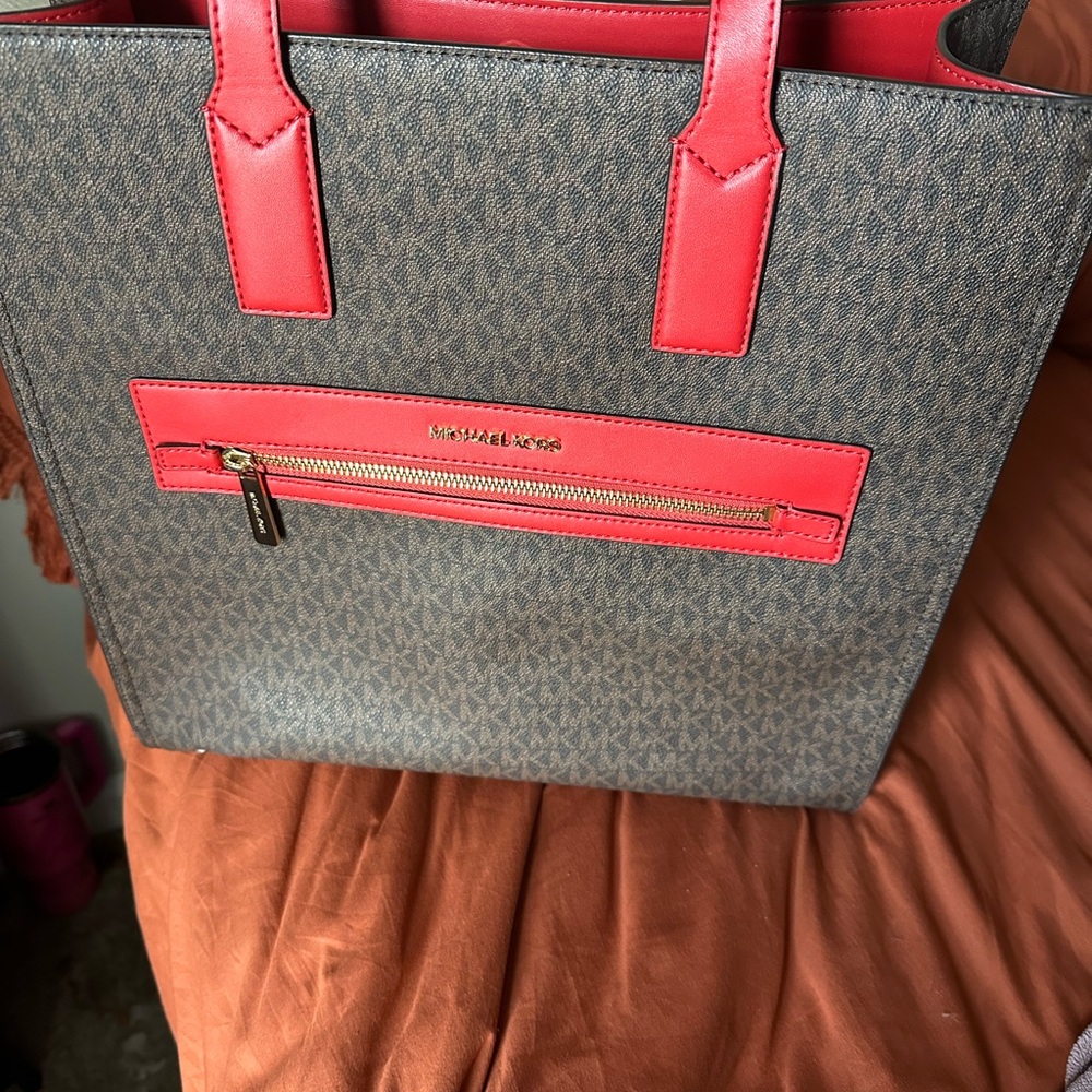 Michael Kors Red and Brown Tote with Monogram Pattern